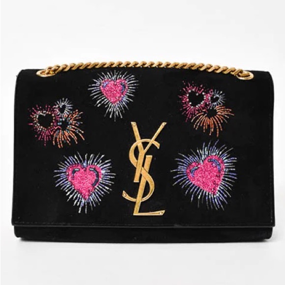 YSL Saint Laurent Black Suede Kate Bag w/ Glitter Heart Fireworks Print - Picture 1 of 12